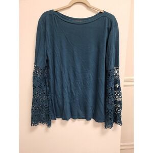 Amaryllis‎ Womens 2X Top Blue Long Sleeve Crochet Bell Sleeve Blouse Shirt 2X